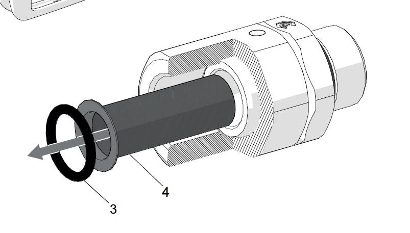 Disconnect the hose from the swivel (1) by loosening the fitting (2) of the hose. 3. Remove the o-ring (3) and then remove the strainer (4).