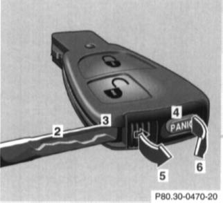 Change batteries if the function control lamp does not light up briefly Changing Batteries Move lock (1) in direction of right arrow and slide out mechanical key (2, left