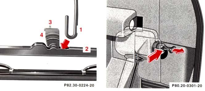 Rear Window Wiper Blade Removal: Fold wiper arm (1) away from rear window and rotate wiper blade (2) until perpendicular to wiper arm.