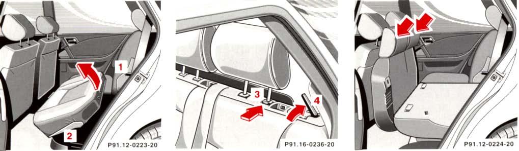 Split Rear Bench Seat The two sections can be folded down separately to enlarge the cargo area. 1. Slip seat belt webbing behind belt retainer (1) and move buckle latch plate upward to belt outlet. 2.