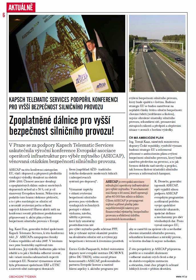 3. Obchodní týdeník Kapsch Telematic Services supported a conference for improving road traffic safety Tolled motorways
