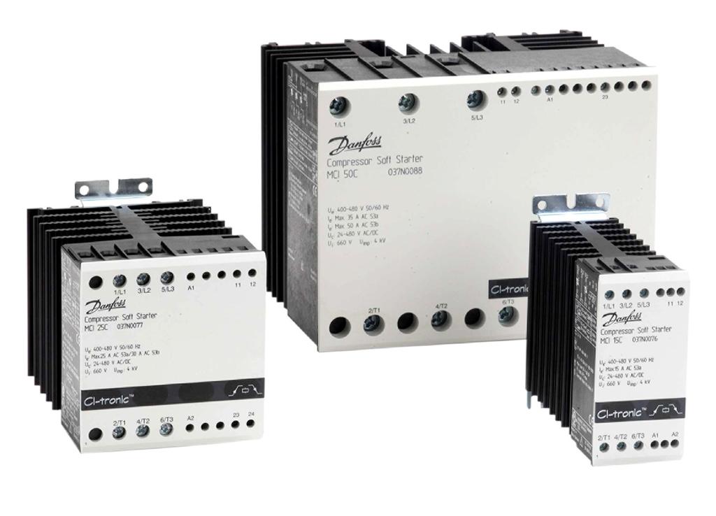Data sheet CI-tronic Soft starters for Danfoss commercial compressor applications Type, MCI 25C, MCI 50CM-3 I-O The MCI compressor soft starters are designed for soft starting of 3 phase compressors.