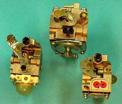 The carburetor on the left above has an adjustment screw for the low side only; the middle carburetor has both high and low adjustment screws.