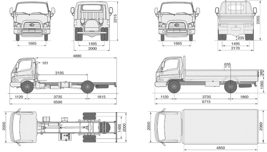 HD78 Cargo Wide long Wheelbase HYUNDAI HD Series Cab Drive System Application Engines D4DC D4DB D4DD D4GA Dimensions (mm) 3,735 3,775 Overall (Chassis Cab / Cargo) 6,590 / 6,715 6,630 / 6,765 Wheel
