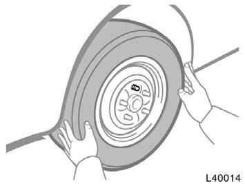 Changing wheels CAUTION Never get under the vehicle when the vehicle is supported by the jack alone. 7. Remove the wheel nuts and change tires. Lift the flat tire straight off and put it aside.