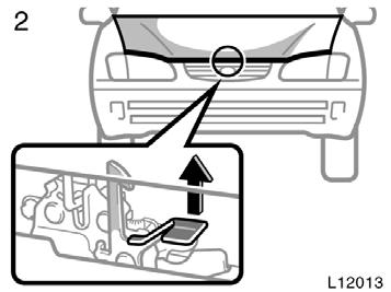 Theft deterrent system 2. In front of the vehicle, pull up the auxiliary catch lever and lift the hood. 3. Hold the hood open by inserting the support rod into the slot.