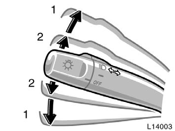 80 High Low beams For high beams, turn the headlights on and push the lever away from you (position 1). Pull the lever toward you (position 2) for low beams.