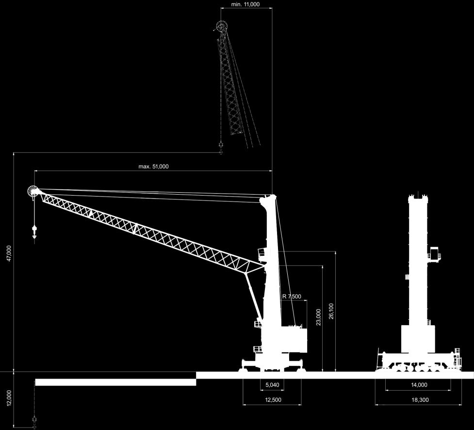 Model 6 Main Technical Data Dimensions and weights Radius Boom pivot point Tower cab (crane operator eye level) Propping base Chassis in travel mode Weight (approx.