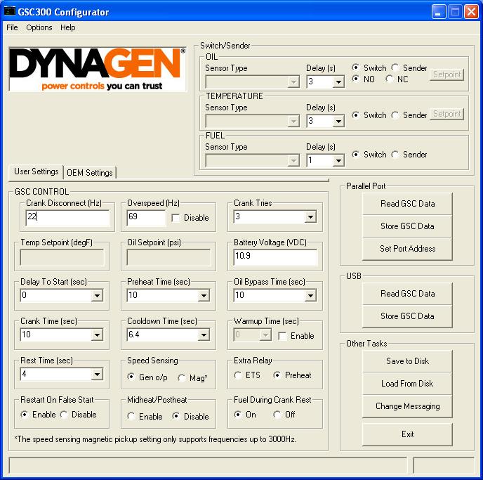 Sample Screen from PC Interface NOTE: Factory default