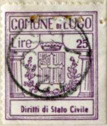 Lunano, Pesaro & Urbino Stato Civile 23 x 27 mm P11 25 Lire purple 8/1965 2.