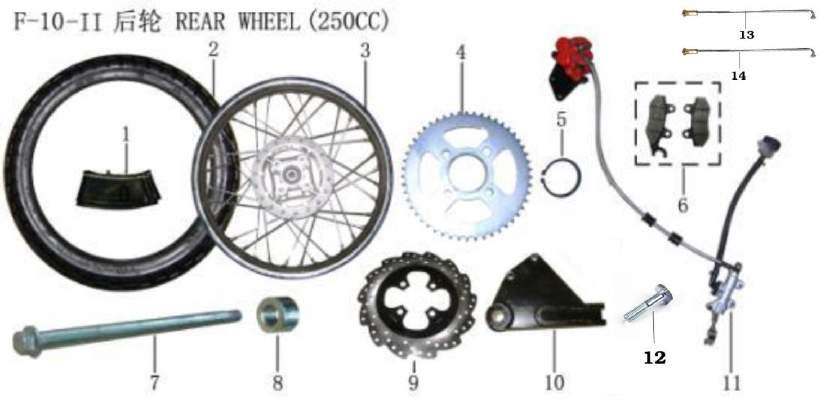 25010-1 Tube,Rear Wheel 25010-2 Tire,Rear Wheel 25010-3 Wheel,Rear 25010-4 Sprocket Comp.,Final Driven 25010-5 Collar 25010-6 Pad Comp.