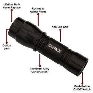 The flashlight is constructed of aluminum and has a tail cap push button switch, allowing for ease of use and safe storage.