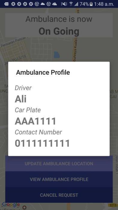 Selain itu, pengguna juga boleh mendapat status ambulans bahawa ambulan sedang dalam perjalanan ataupun tidak. 5.9 REKA BENTUK ANTARA MUKA PROFIL AMBULAN Rajah 5.