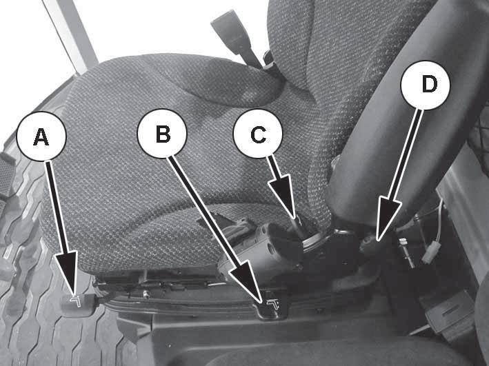 OPERATOR S SEAT Adjustments To adjust the fore and aft position, release lever A under the seat and move the seat to the required position. Adjust the height by raising or lowering lever B.