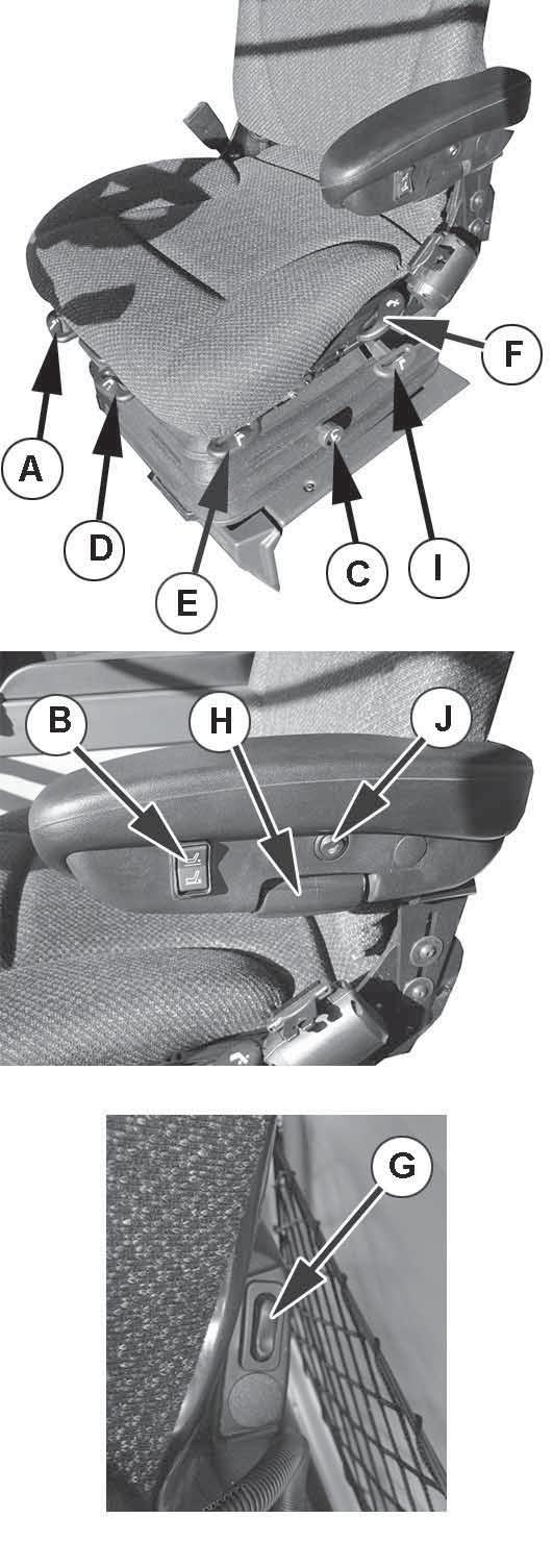 Remember tighten the hand wheel D. To adjust the fore and aft position, release lever A under the seat and move the seat to the required position.
