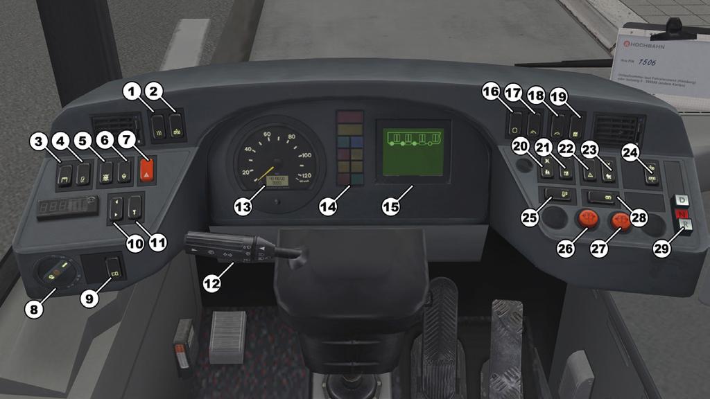 Vehicle operation Dashboard 01 Switch side window heat 02 Switch level control to raise chassis level on all wheels 03 Switch passenger lights Level 1 (left) or level 2 (both sides) 04 Switch