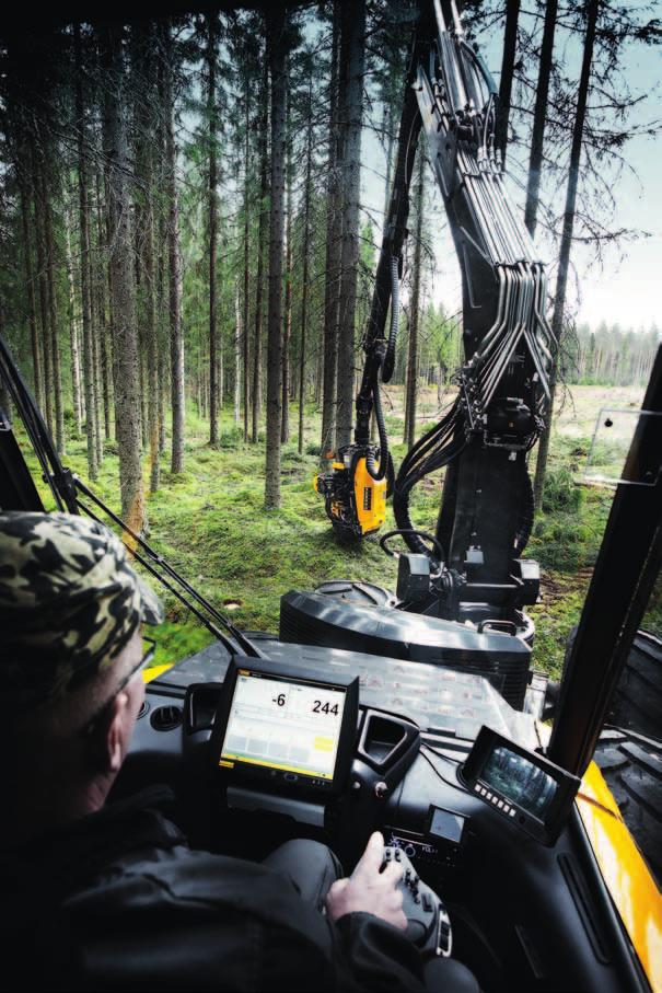 The ergonomics of the control devices represent the cutting edge of forest machines and, thanks to the large cabin, wide windows and thin window pillars, the visibility from the cabin is excellent in