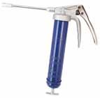Model 34 Extra-heavy-duty pistol grip grease gun. Cast head design. Jam proof handle return mechanism. Develops up to 7 500 psi (57 bar). Includes both 8 in. (457 mm) whip hose with coupler and 6 in.