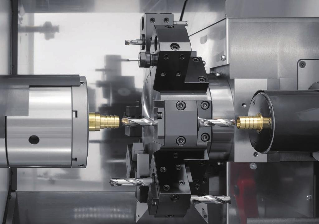 Cycle time shortened by superimposition control A turret incorporating X, Y and Z axes (HD1) and a sub spindle incorporating X and Z axes () open up the possibility of machining by superimposition