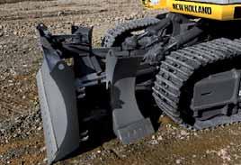 STANDARD PAT (Power Angle Tilt) DOZER BLADE In addition to powerful digging and fine grade capabilities, the E150B Blade Runner features a standard real dozer blade with foldable and lockable wings.