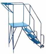 the ladders operate on spring-loaded casters Casters retract under operator's weight and rubber feet drop down Non-clogging slip-resistant steel steps Frame is welded 1" round steel tubing Capacity: