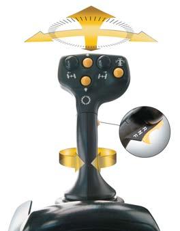 Joystick Functions The left joystick controls steering, articulation (with standard push-button return-to-center feature), wheel lean, gear selection and directional control, and left moldboard lift