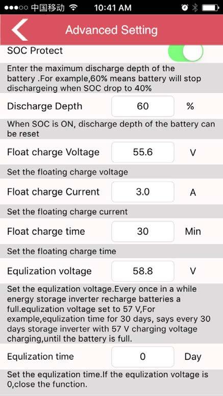 Suggest 40-42V Discharge Current: (0-120A editable, suggest 100A) means max current of battery discharge. The real discharge current is also limited by battery capacity (0.