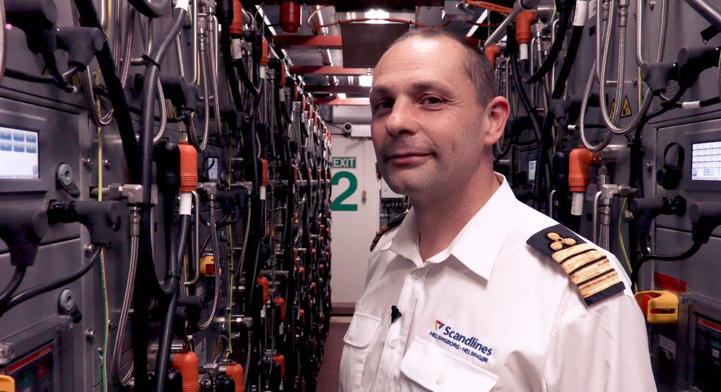 HENRIK FALD HANSEN Senior Chief Engineer on the M/F Tycho Brahe, stands among hundreds of lithium batteries that power the ferry across the Øresund Strait between Denmark and Sweden.