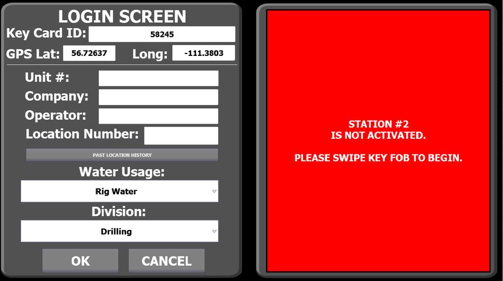 Screen Design After swiping into the system, a Login Screen is activated. The system will automatically detect the Key Card ID and GPS coordinates of the unit, as well as the Unit # and Company.