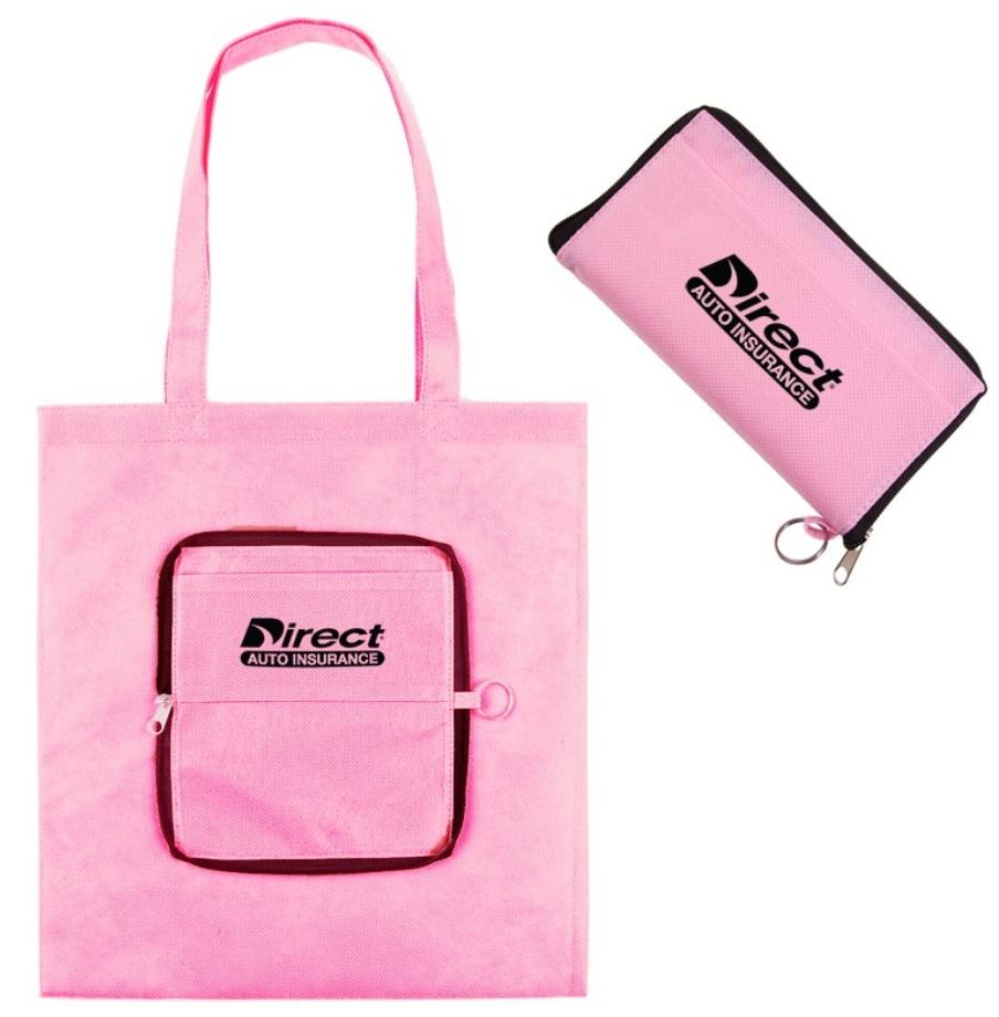 Eco Friendly Pink Folding Zippered Tote Clear ID pocket on one side Size: 14''W x 14''H x 6''D Available in red, and hunter green Regular Price: $2.29 each Closeout Price: $1.
