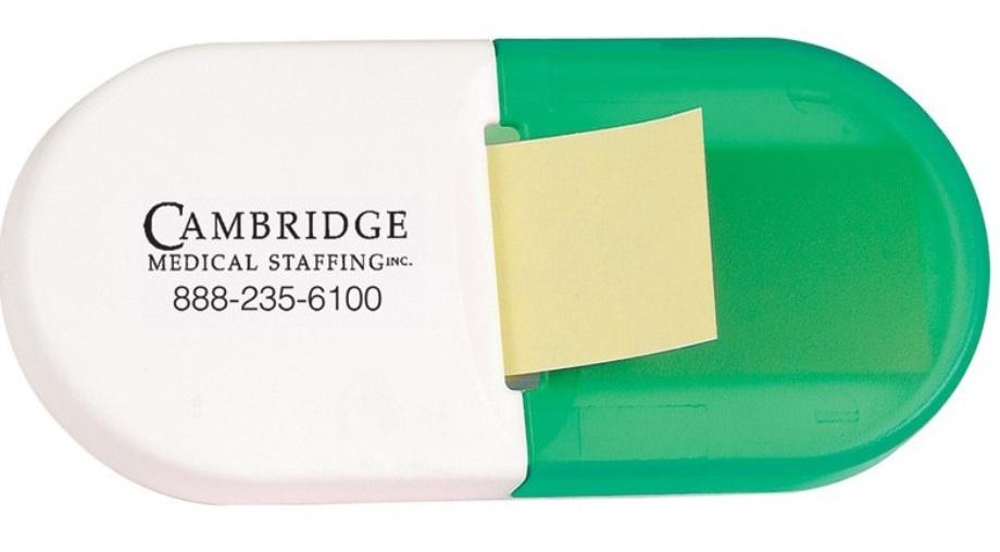Includes adhesive tab on the back Refillable with standard sticky pads available at your local office supply store Size: 4 1/4''W x 3''H x 1 3/8 ''D Only available in green