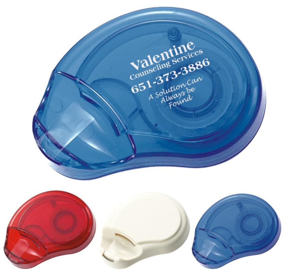 99 each Durable tear-drop shape plastic tape dispenser Includes one roll of clear tape Size: 4''W x 1''H x 2 1/2''D Pricing includes a one color/one location imprint Available