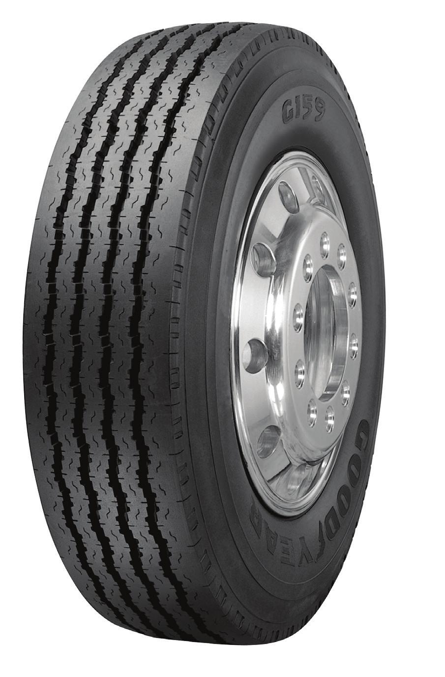 G159 LONG-WEARING RIB TIRE FOR EFFECTIVE LOCAL AND HIGHWAY SERVICE.