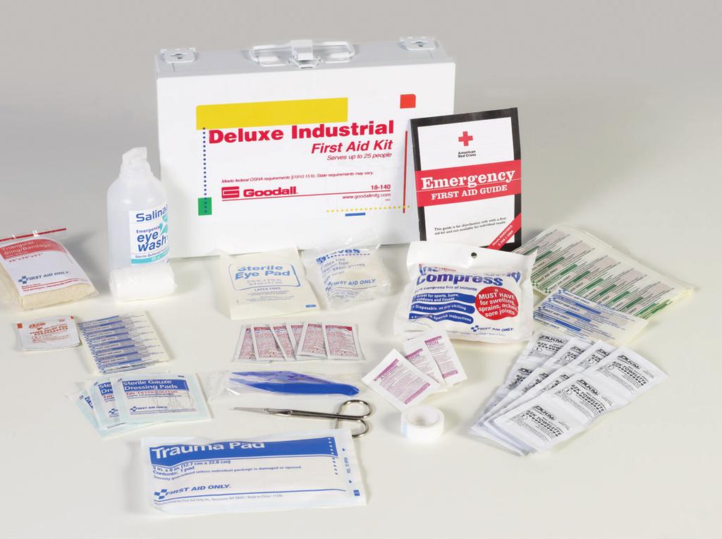 18-140 18-100 18-100 Deluxe Travel First Aid Kit This 62-piece first aid kit is ideal for contractors, vehicles or small companies with fewer