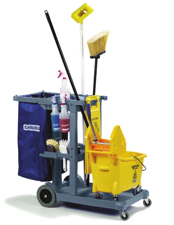 TRANSPORTATION JANITORIAL CARTS Janitorial Carts & Accessories Rugged polypropylene resists cracking, peeling, and corrosion Three durable shelves with raised edges keep items organized Platform base