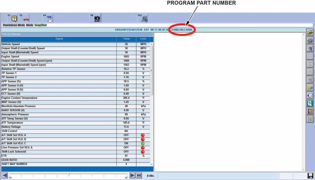 INSPECTION PROCEDURE 1. Connect the i-hds and go to the A/T Data List. Check to see if the software has been updated by comparing the program P/N against the table below.