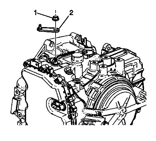 Fig. 5: View Of Transmission Range Selector Lever & Cable Connection 2. Disconnect the transmission range selector lever cable terminal (1) from the transmission manual shift lever pin. 3.
