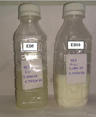 4. Fig. 4: Emulsion fuel using span 20 (Bottle A) and tween 20 (Bottle B) as surfactant As seen from Fig. 4 the emulsions made with the help of span 20 and tween 20 as surfactants were not stable.