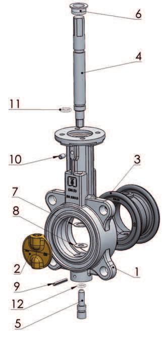 oncentric butterfly valves - Series 900 rawing tem Name 1 Body 2 isc 3 Seat 4 Shaft 5 Pivot 6 Bushing 7 istance ring 8 istance ring 9 Pin 10 Retaining screw 11 Shaft O-ring 12 Pivot O-ring