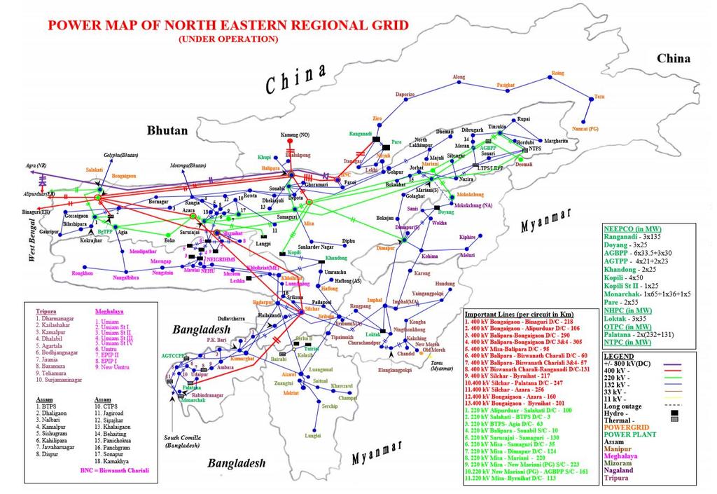 1.8 NER GRID Overview 1.8.1 NER grid with a maximum peak requirement of around 2900 MW and installed capacity of 3912 MW caters to the seven north eastern states (namely Arunachal Pradesh, Assam,