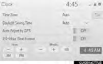Clock Select to change time zone Select to daylight savings time ON/OFF/AUTO. 1 Select to set to automatic GPS adjustment of clock. 2 Select to set hour display to 12 or 24 hour time.