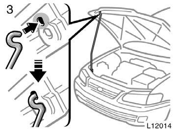 Theft deterrent system 3. Hold the hood open by inserting the support rod into the slot. Before closing the hood, check to see that you have not forgotten any tools, rags, etc.