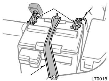 Checking battery exterior Hold down clamp Terminals Ground cable Check the battery for corroded or loose terminal connections, cracks, or loose hold down clamp. a.