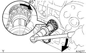 NOTICE: Under the condition with the timing chain cover removed, in case of rotating the camshafts, make the position of the crankshaft rotated clockwise by about45 from TDC/compression of No.