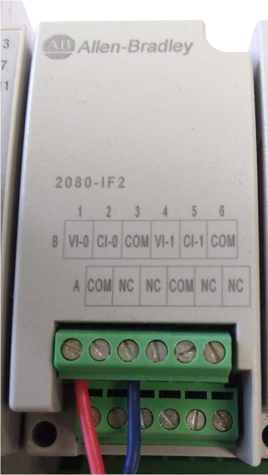 The positive and negative outputs connect to Micro 850 analog module. The positive voltage output from the transducer connects to VI-0 which is terminal 1, shown in Figure 38.