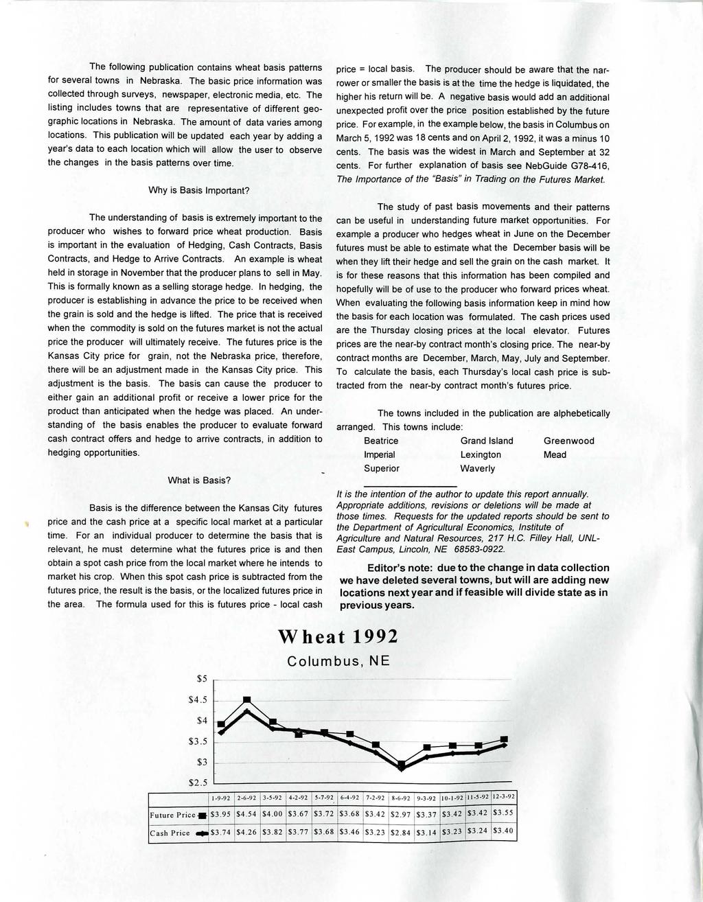 The following publication contains wheat basis patterns for several towns in Nebraska. The basic price information was collected through surveys, newspaper, electronic media, etc.