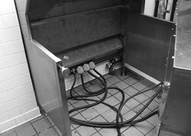 Use a mop and a bucket of hot McD APSC solution to mop the entire floor around the fryer. Floor may be wet from mopping. 12 Allow surfaces to dry. Allow all fryer, wall, and floor surfaces to air dry.