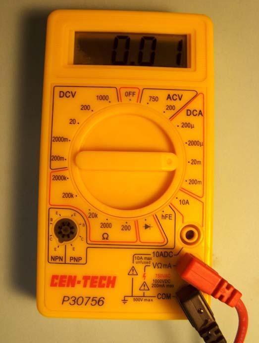 (multimeter continued) 3. The multimeter will measure CURRENT (amperes) in the DCA position of the range switch. In the DCA mode the meter will look like this: 4.