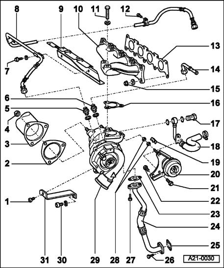 Page 36 of 50 21-27 23 - Gasket Always replace 24 - Oil return line To oil pan 25 - Gasket Always replace 26 - Bolt 10 Nm (7 ft lb) 27 - Bolt 10 Nm (7