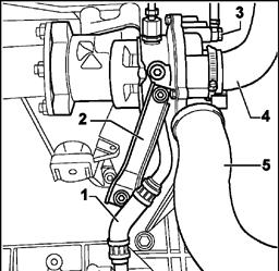 Page 39 of 50 21-30 Turbocharger, removing and installing Note: Replace gaskets and self-locking nuts. Removing - Remove noise insulation panel (arrows). - Unbolt A/C compressor. WARNING!
